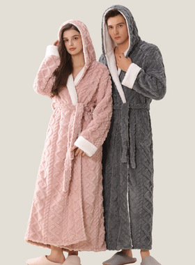 Men/Women Bathrobe加长连帽法兰绒睡袍女加厚保暖情侣珊瑚绒睡衣
