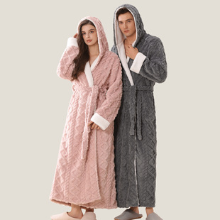 Men/Women Bathrobe加长连帽法兰绒睡袍女加厚保暖情侣珊瑚绒睡衣
