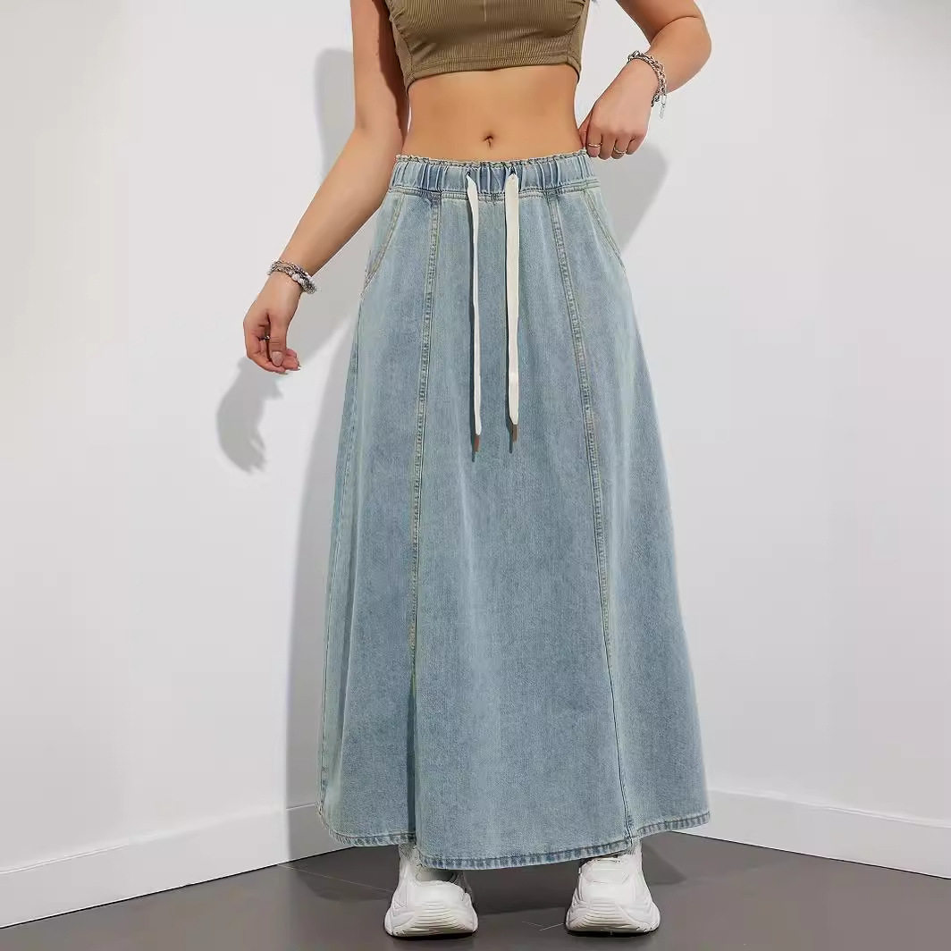 Women Denim Shirts欧美松紧腰抽绳休闲宽松牛仔裙子春夏半身裙