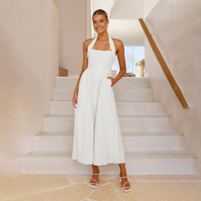 Women Dresses Elegant Office Summer Clothes挂脖露背连衣裙