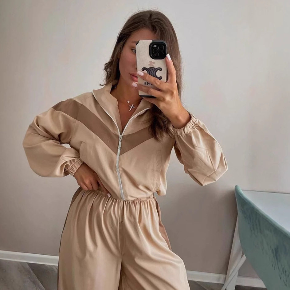 时尚休闲女装欧美长袖撞色运动开衫长裤套装街头风套装Sport Suit