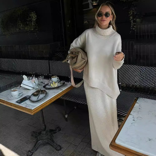 Women Knitted Set Loose Pullover+Skirt高领垂感毛衣半身裙女