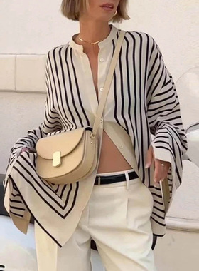Women Shirts Cardigan Blouse欧美长袖衬衫条纹宽松开衫衬衣女