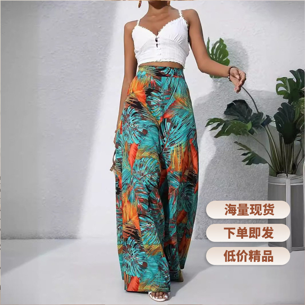 Women Print Pants欧美印花阔腿裤时尚优雅度假风松紧腰阔腿长裤