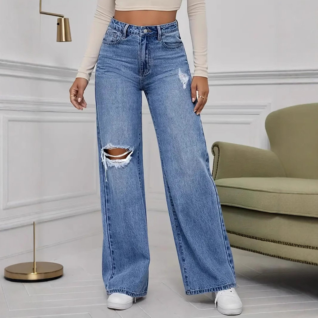 Fashion Ripped Women Denim Jean Pant Long Trouser破洞牛仔裤