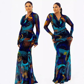 包臀修身 Women 连衣裙长 Dresses欧美女装 印花长袖 Bodycon Long