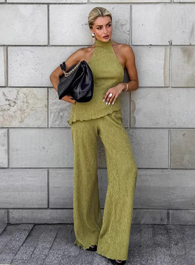 Women Clothes Sets Tops+Wide Leg Pants法式时尚绿色百褶套装
