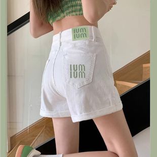 Short Jean Pant白色刺绣牛仔短裤 女夏季 Women a字阔腿热裤 Denim