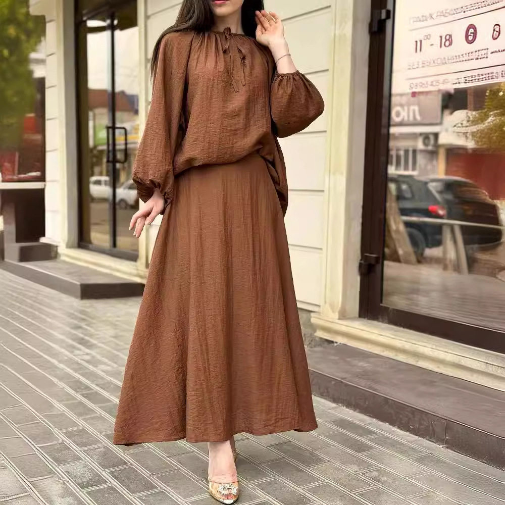 Women Outfit Top+Skirt Set女装套装春季泡泡袖宽松上衣大摆半裙