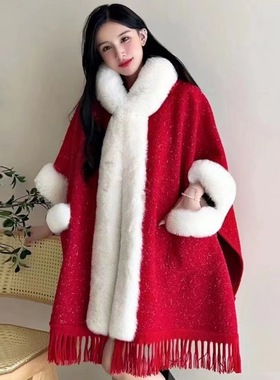 Women Faux Fur Cape Poncho Winter Thick Warm Cloak Overcoat