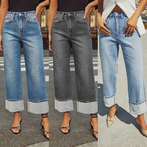 春季弹力直筒牛仔裤女品质款复古卷边高腰长裤Women Denim Jeans