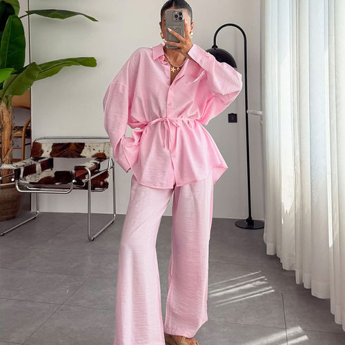 Women Pajamas欧美纯色开衫翻领系带睡衣长袖长裤两件套家居服女