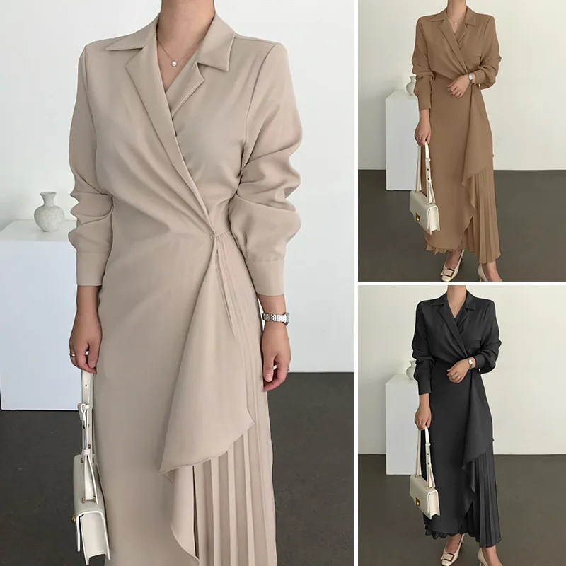 Women Elegant Dresses Shirt优雅衬衫连衣裙复古长款束腰连衣裙