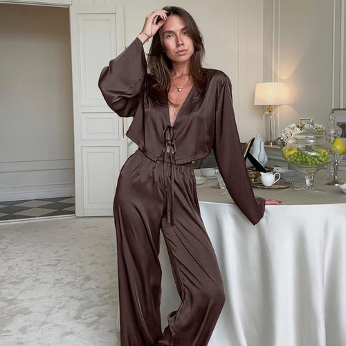 Women Pajamas Silk Nightwear睡衣两件套宽松长袖长裤女家居服