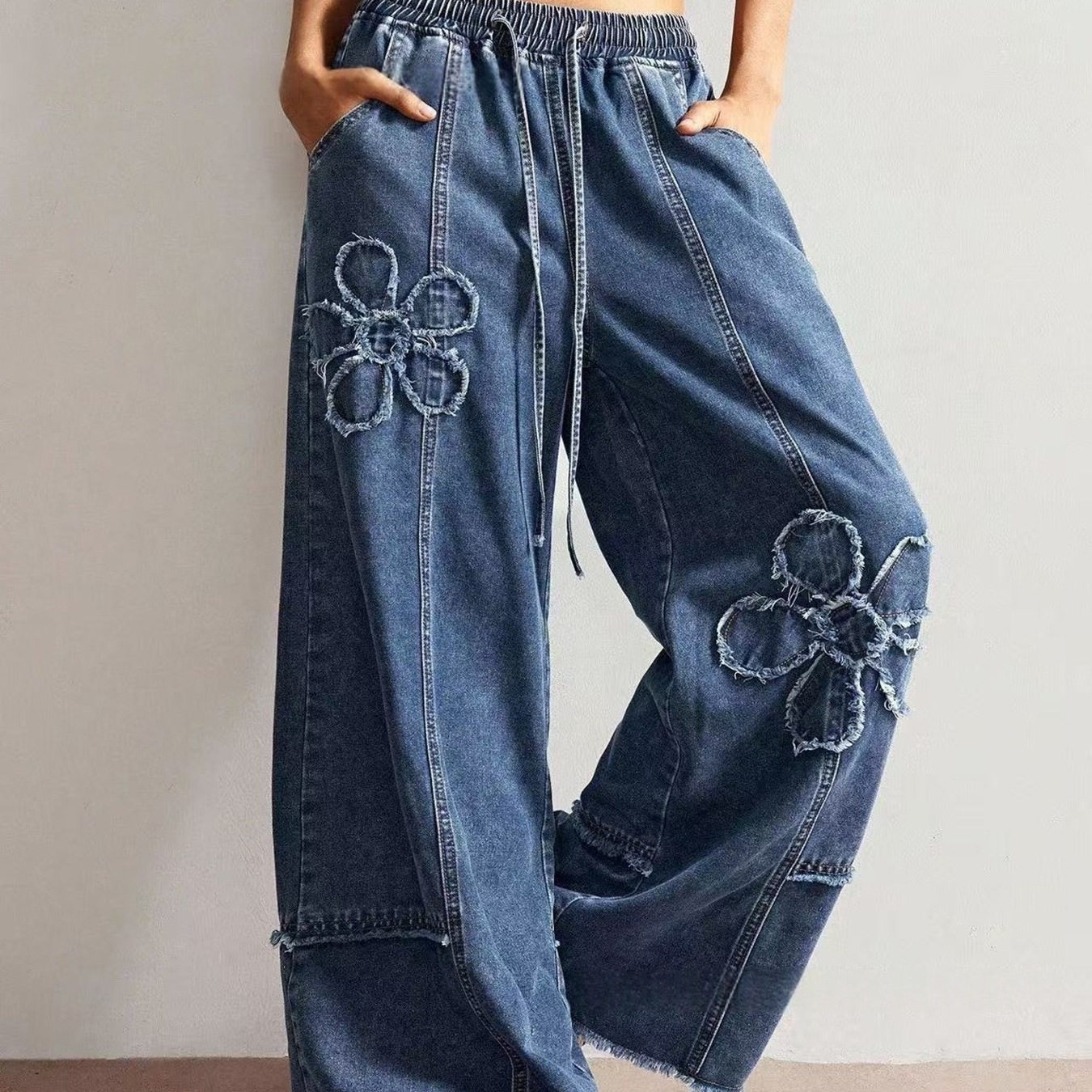 Women Denim Jean Pants欧美抽绳橡筋腰宽松刺绣阔腿女士牛仔裤