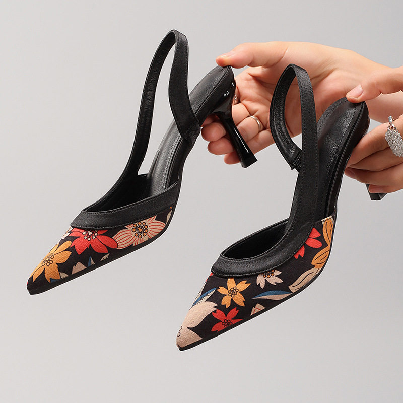 High Heels印花图案高跟鞋尖头后提带绒面宴会派对高跟凉鞋细高跟