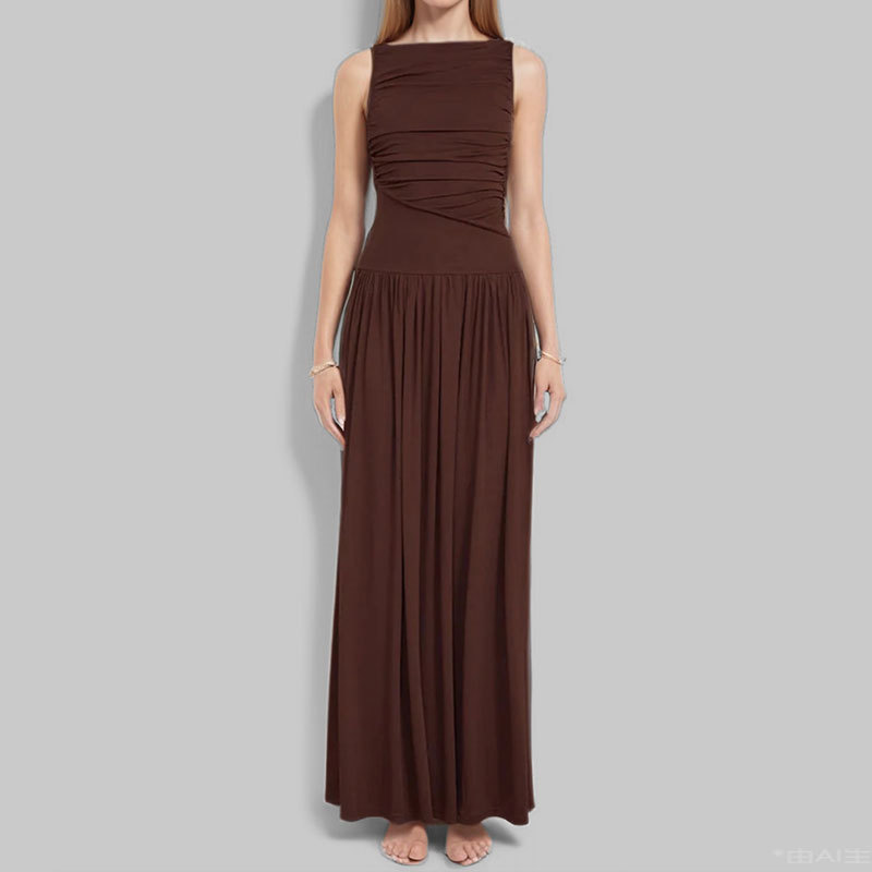 Sexy Women Long Dresses 褶皱无袖纯色瘦腰长裙拼接性感连衣裙