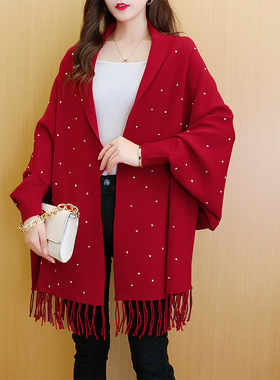 Women Poncho Coat Knitwear流苏披肩斗篷女大码针织开衫披风外套