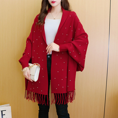 Women Poncho Coat Knitwear流苏披肩斗篷女大码针织开衫披风外套
