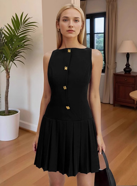 Women Dresses Solid Color女装宽摆褶皱收腰纯色无袖短款连衣裙