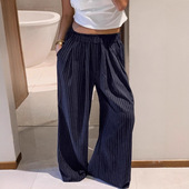 High OL欧美通勤时尚 Waist Women Pants Fashion 撞色条纹阔腿裤