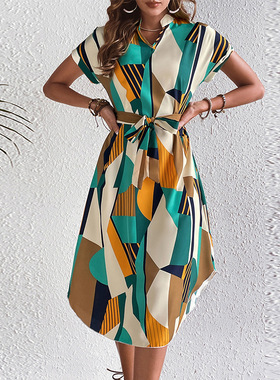 Women Dresses Holiday Clothes欧美度假风色块连衣裙系腰带中裙