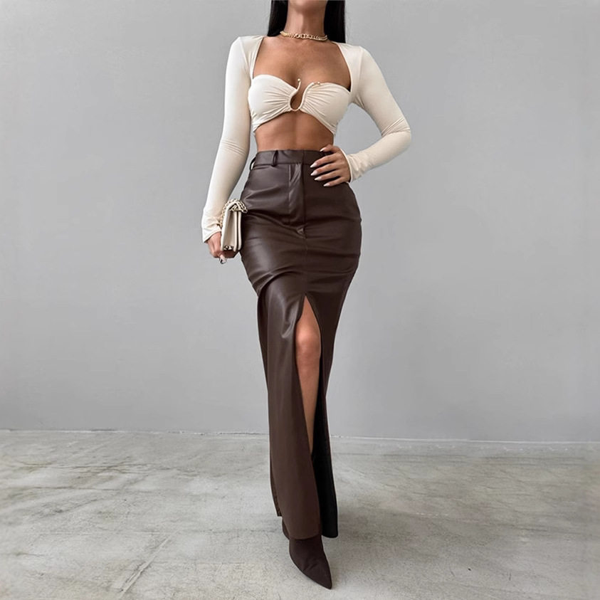 Women PU Skirts欧美女装设计感开叉纯色高腰简约皮革修身半身裙图片