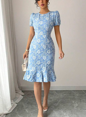 Women Dresses Summer Clothes夏季新款小雏菊浮雕连衣裙鱼尾裙