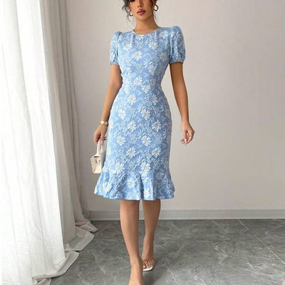 Women Dresses Summer Clothes夏季新款小雏菊浮雕连衣裙鱼尾裙