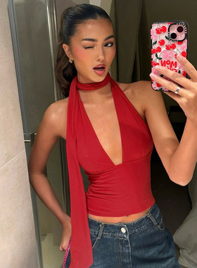 Women Tops Backless Vest Summer欧美女装夏季后背镂空吊带上衣