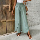 Pant松紧腰不规则脚边阔腿休闲裤 Women Wide Leg Long Trousers