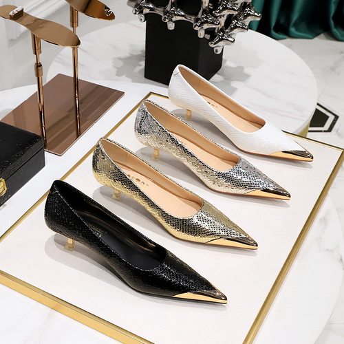 Women Loafer欧美风宴会女鞋中跟浅口金属尖头闪耀亮片布蛇纹单鞋