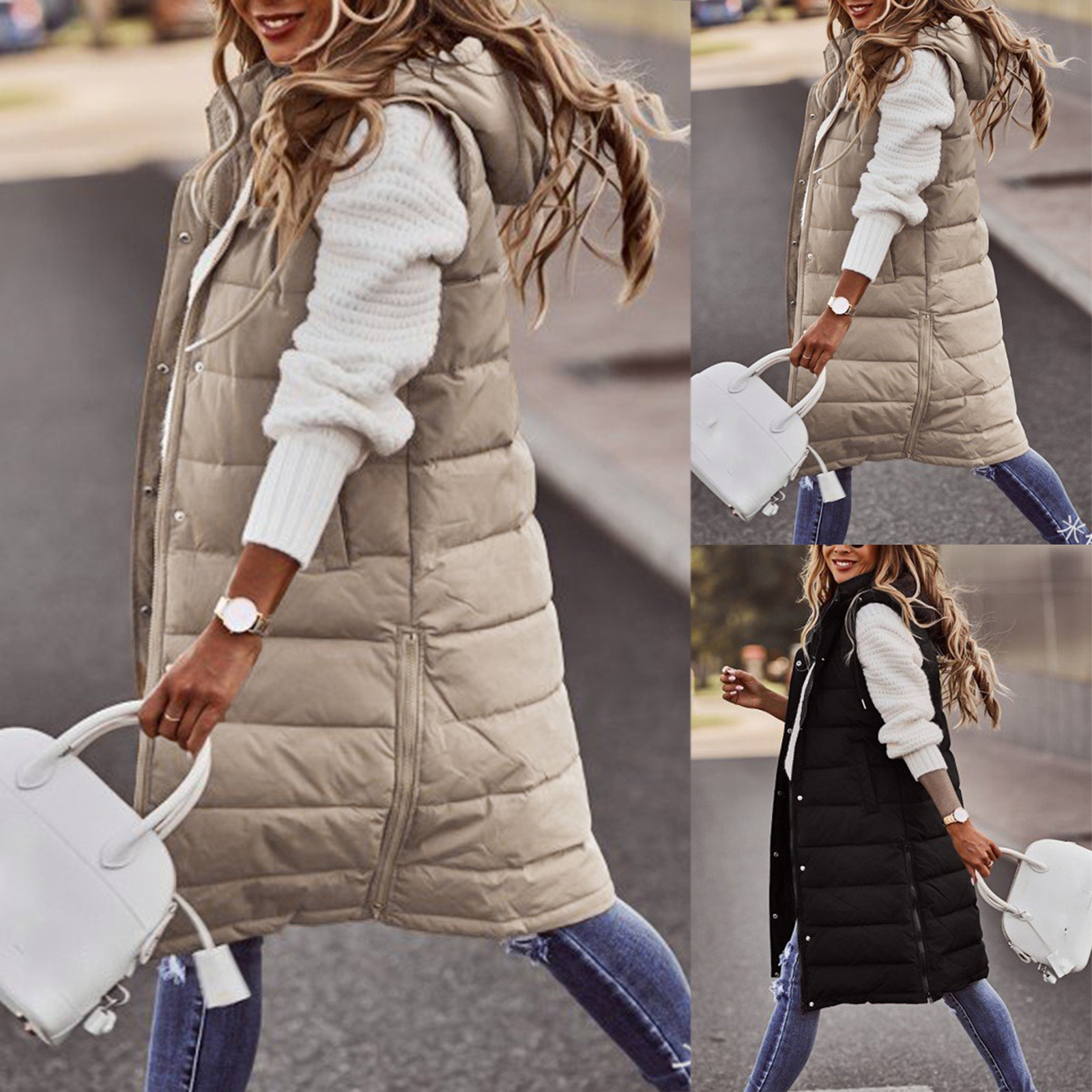 Women Vest Long Coat Cardigan 中长款棉服马甲修身气质开衫外套