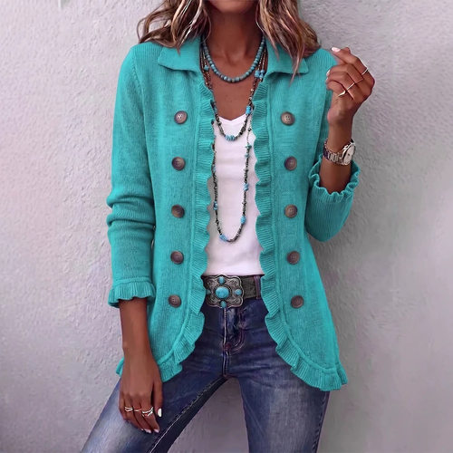 Women Cardigan Coat欧美风纯色时尚长袖荷叶边毛织开衫扣子衬衫