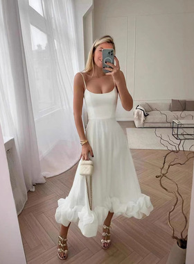 Women Dresses Floral 欧美女装时尚吊带大摆立体花朵A字裙连衣裙