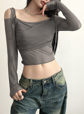 露脐街头时尚一字领长袖T恤Off Shoulder Women Tee Tops T-Shirt