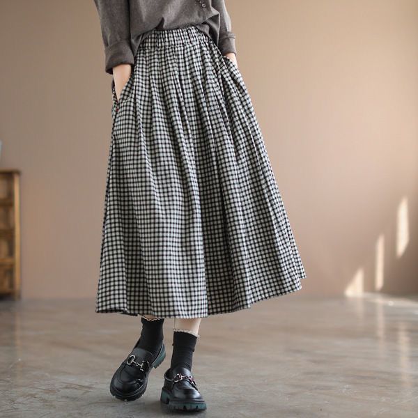宽松高腰A字时尚格子半身裙民族风印花裙High Waist Women Skirt