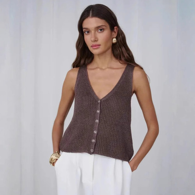 Women Tube Top Vest 夏季女士纯色单排扣马甲小背心无袖开衫上衣