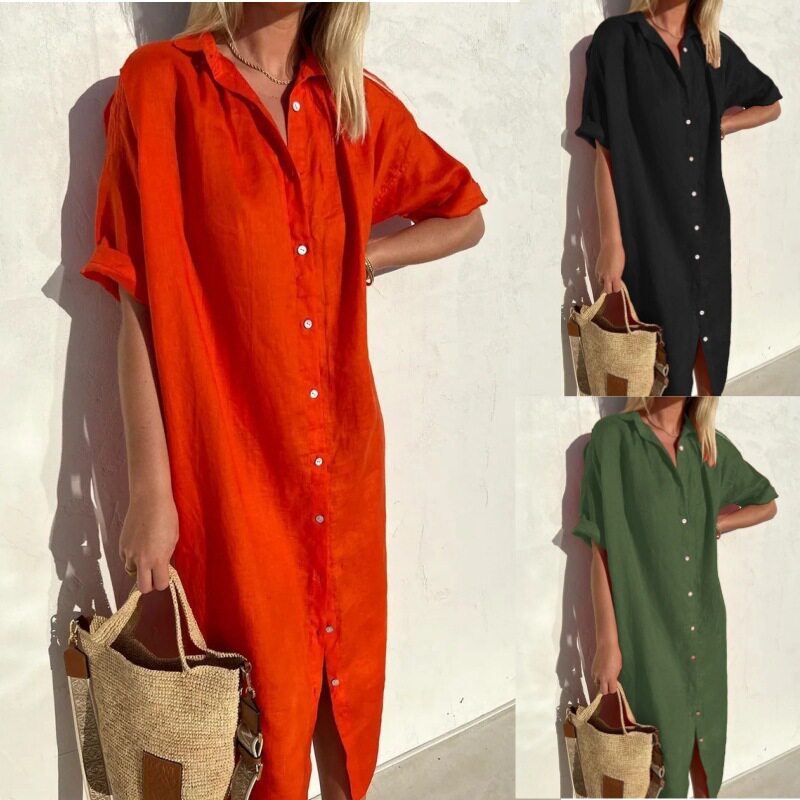Cotton Women Shirt女优雅休闲宽松短袖纽扣裙棉麻长款衬衫连衣裙