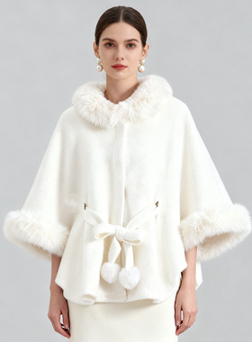 Women Coat Elegant Poncho Cape斗篷披肩时尚大毛领优雅气质开衫