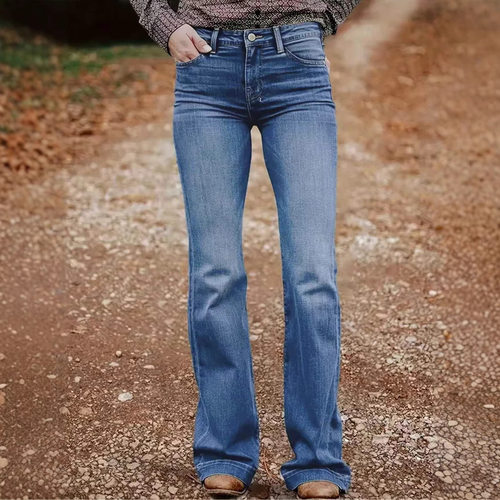 Women Denim Jean Pants蓝色后口袋刺绣宽松宽脚口弹力牛仔裤女装