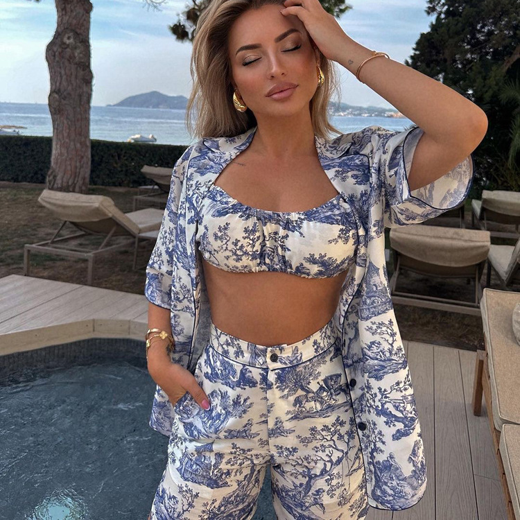 Women Clothes Sets Shirt+Short Pant印花衬衫吊带短裤三件套装