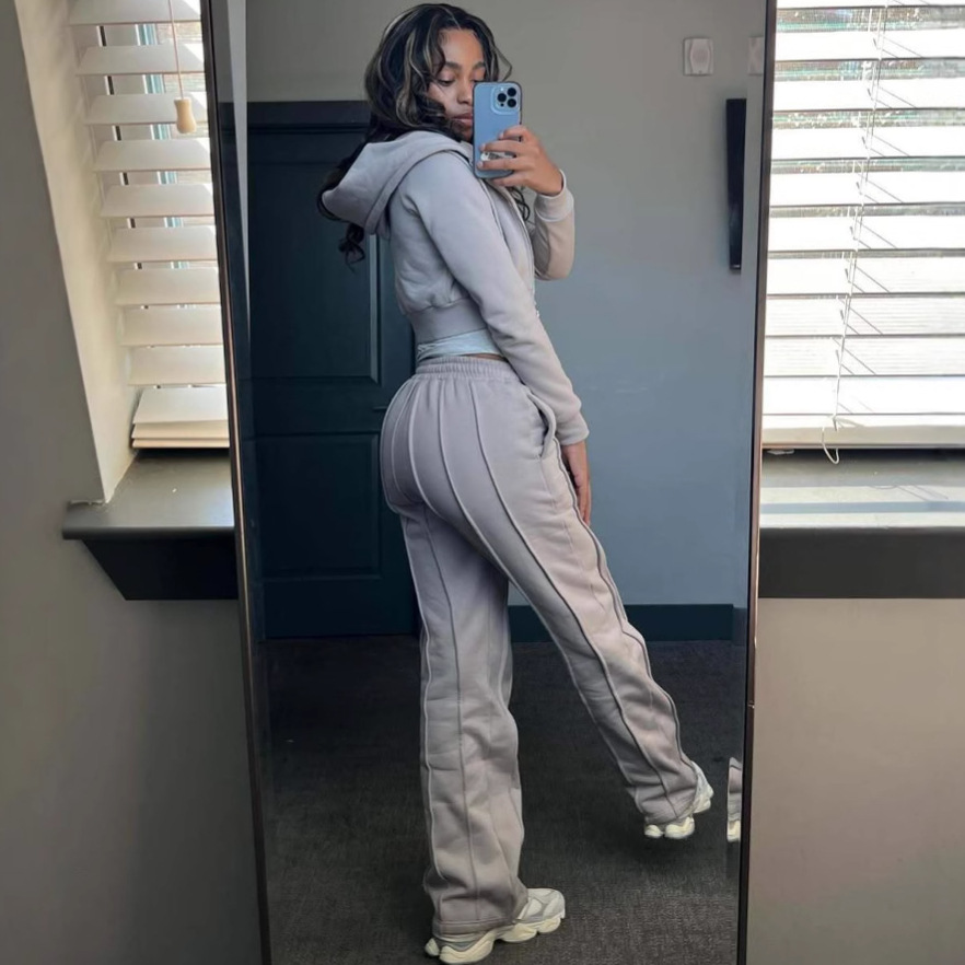 Women Sweater Sets Sport Suit Pant春秋拉链连帽卫衣长裤套装