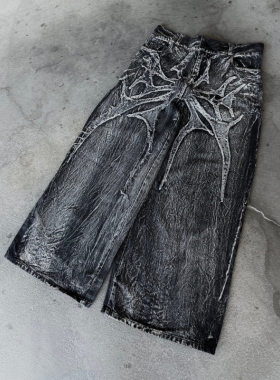 Women Denim Pants牛仔裤蜘蛛刺绣补丁嘻哈街头哥特复古超大宽松