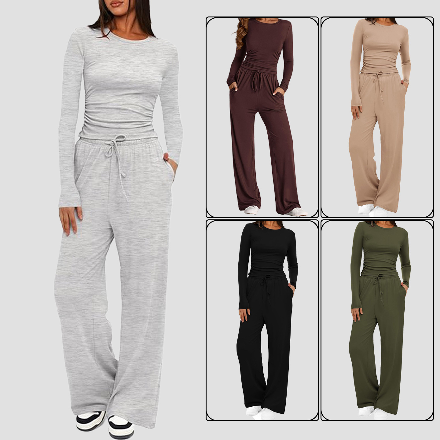 Women Clothes Set Autumn Tops Pants长袖纯色休闲套装秋冬女装