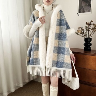 Elegant Loose Poncho Hooded Cloak毛领斗篷披肩外套女连帽 Warm