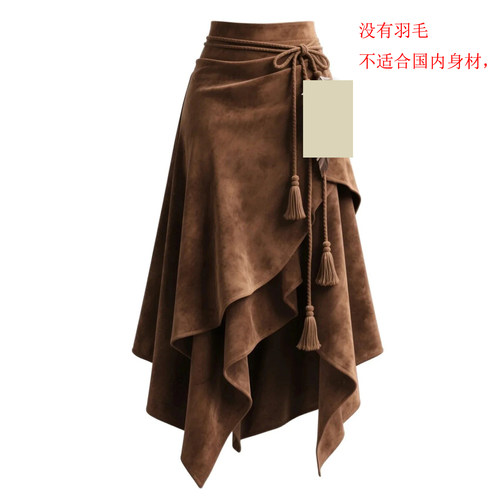 Women Long Autumn Skirts咖色半身裙女不规则系带显瘦a字中长裙