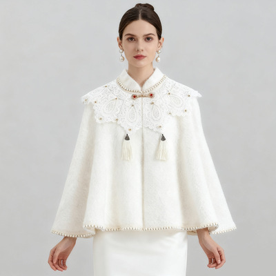 Women Scarf Poncho Fashion Shawl仿貂绒中式钉珠披肩斗篷外套