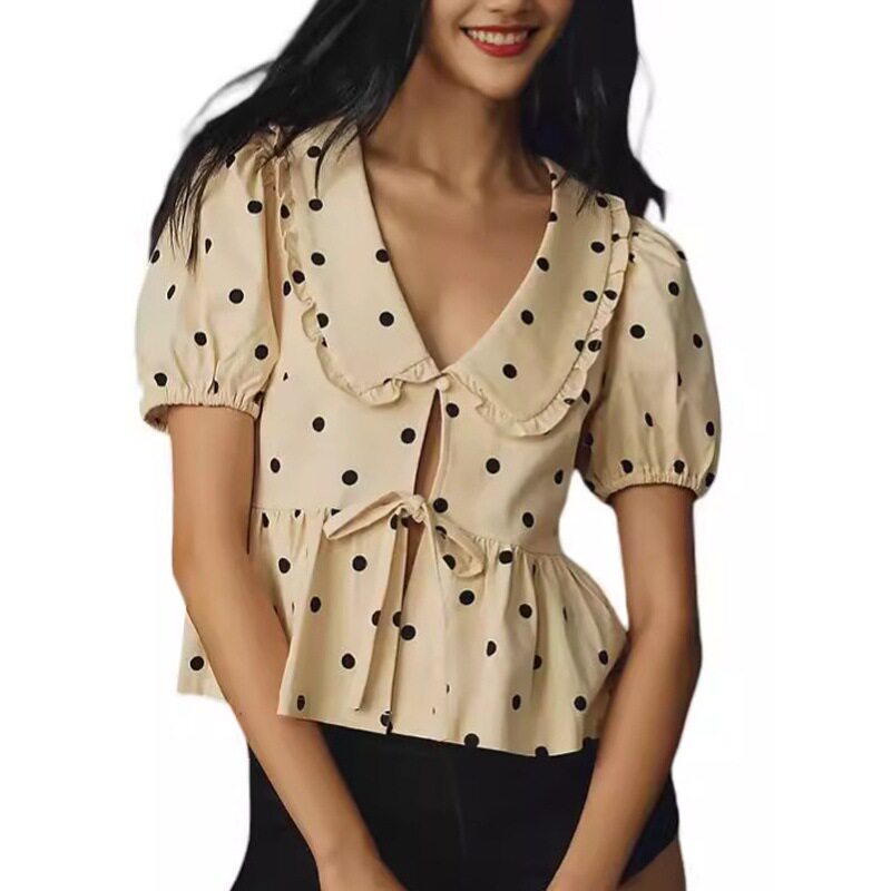 Fashion Women Shirt欧美春夏波点格子纯色短袖系带娃娃领衬衣