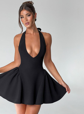 Sexy Women Dresses Summer Deep V Cloth欧美性感深v挂脖连衣裙